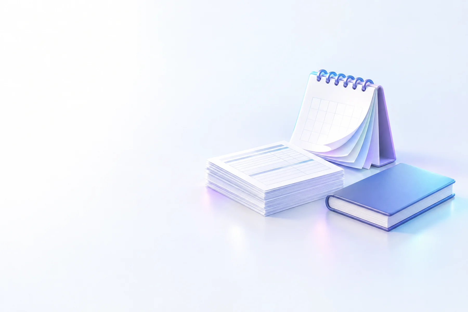 Illustration: a desk calendar with fanned pages beside a stack of blank forms and a closed ledger.