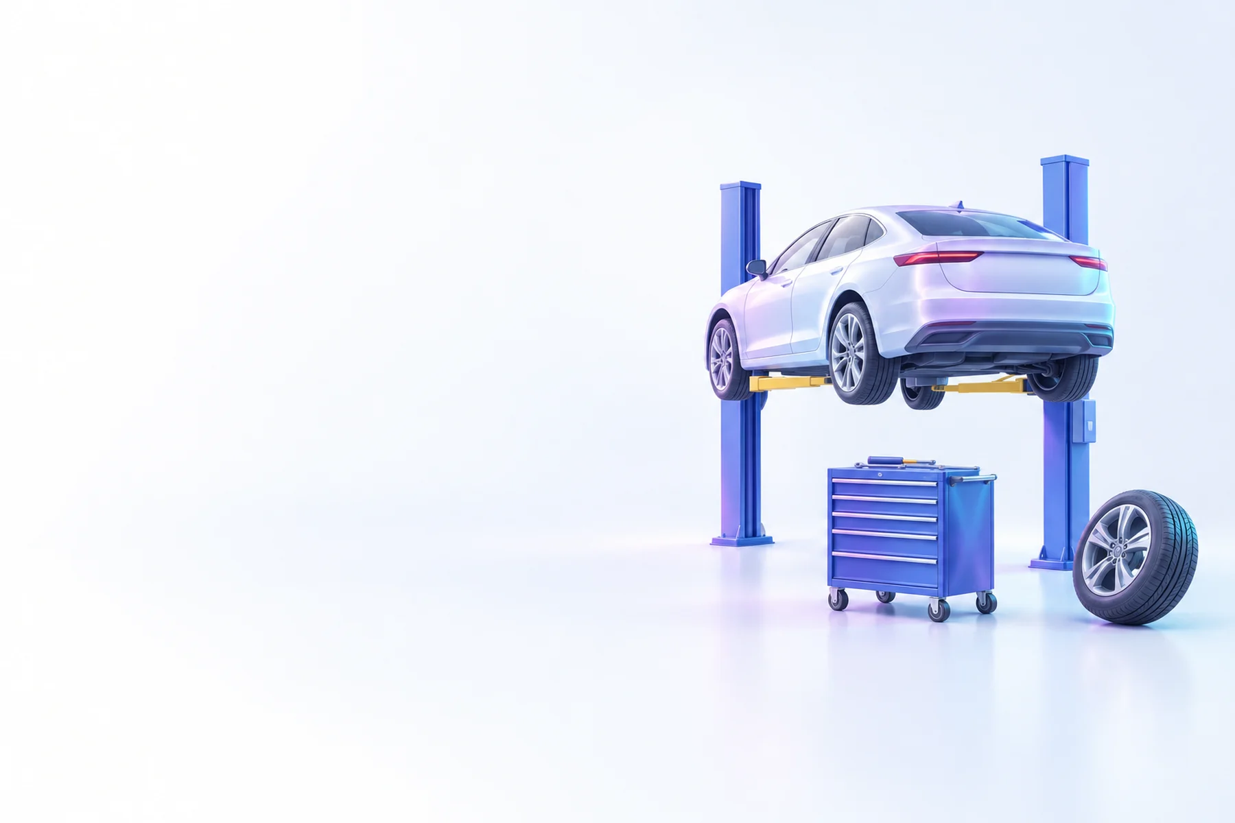 Illustration: a car raised on a two-post lift beside a rolling tool chest and a spare tire.