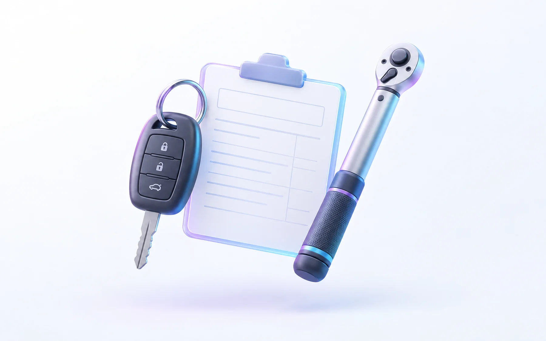 Illustration: a car key, a blank repair order on a clipboard and a torque wrench.