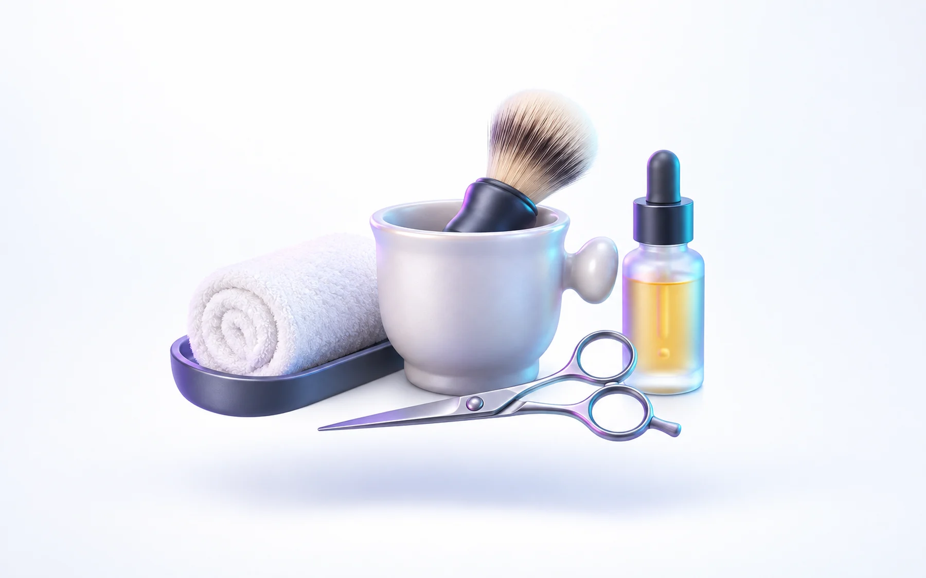 Illustration: a rolled hot towel on a tray, a shaving mug with a brush, a bottle of beard oil and a pair of scissors.