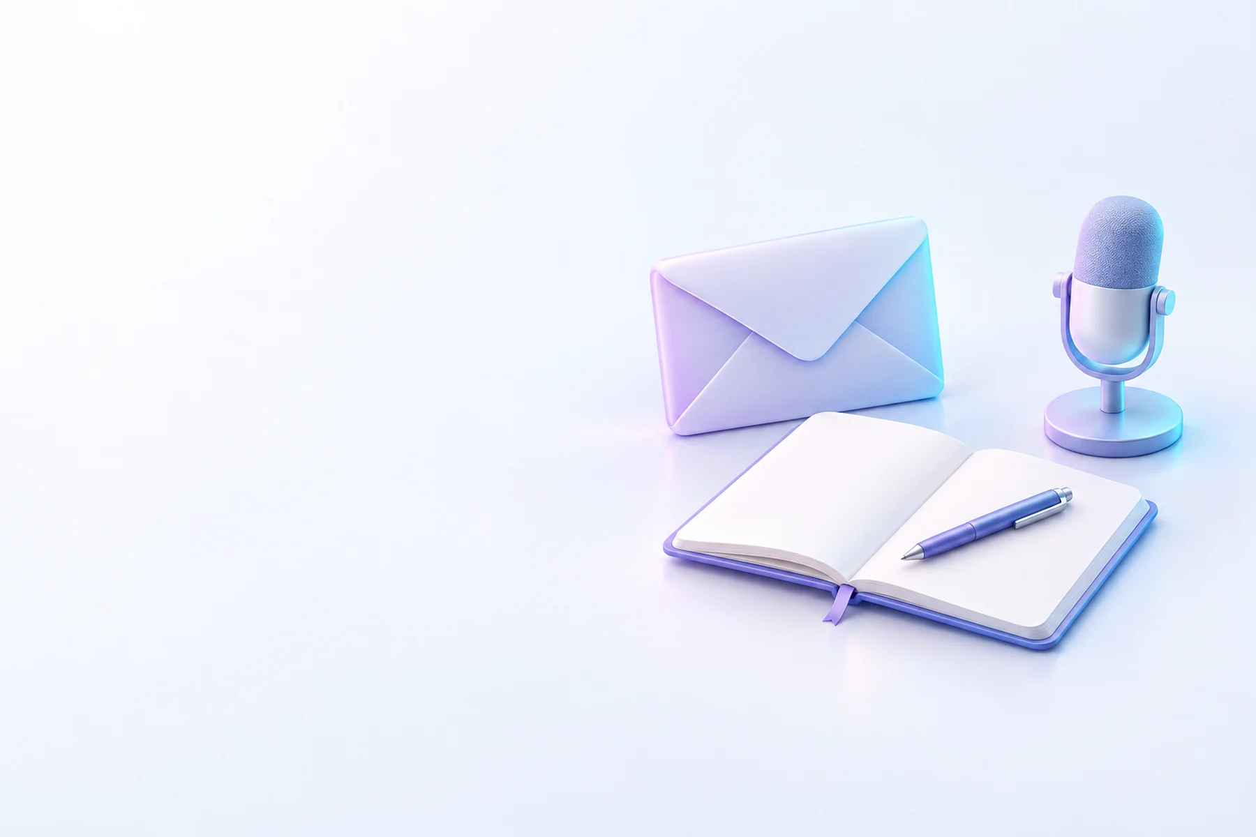 Illustration: a sealed envelope, an open notebook with a pen and a small microphone on a stand.