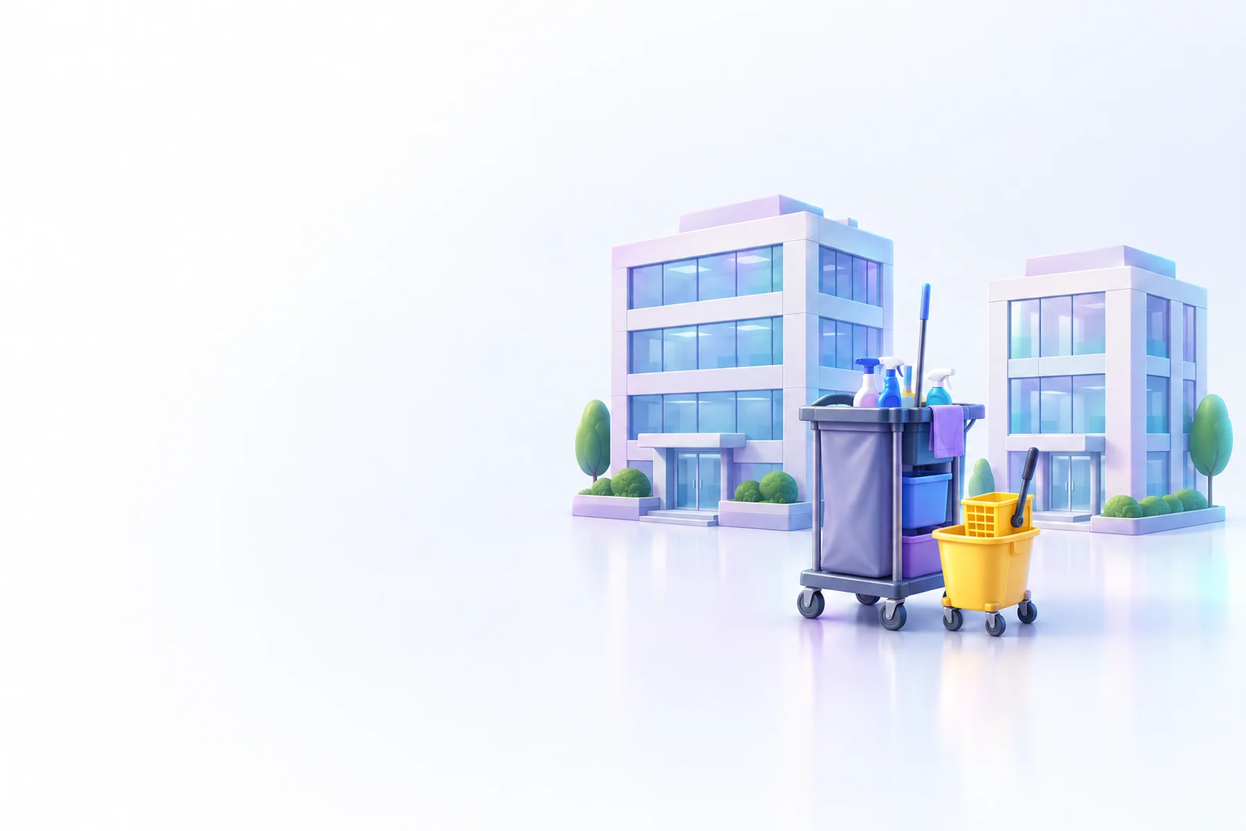 Illustration: two small office buildings with a janitorial cart and a mop bucket in front.