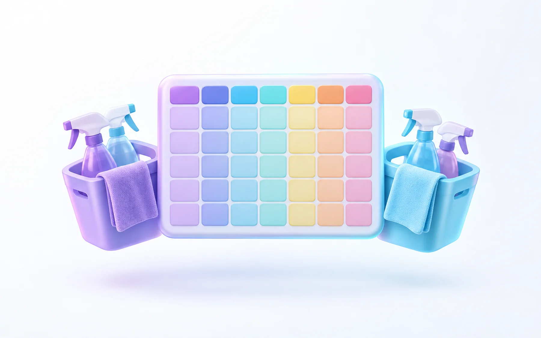 Illustration: a weekly schedule board of colored tiles between two cleaning caddies.