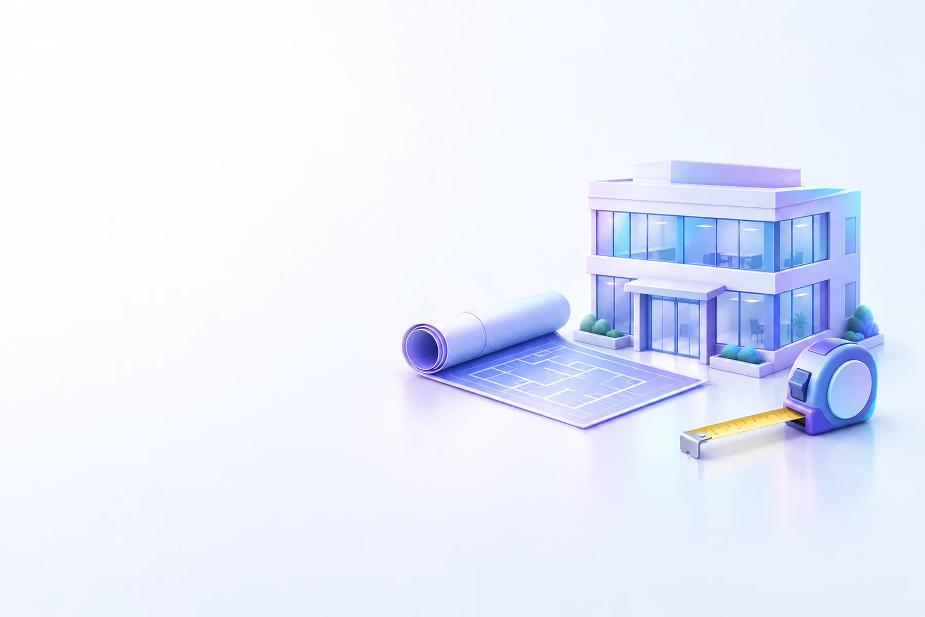 Illustration: a small model office building beside a rolled-up blueprint and a tape measure.