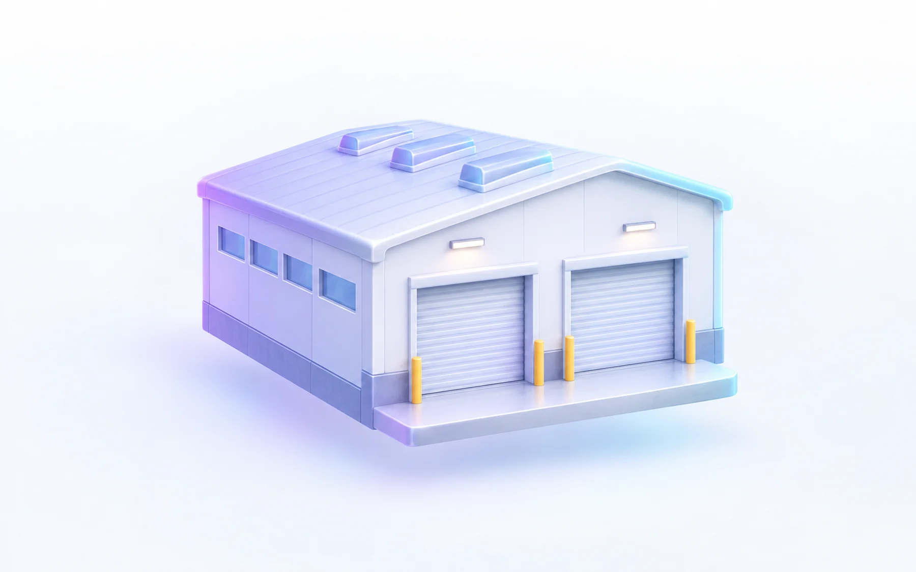 Illustration: a scale model of a small warehouse with two roll-up loading doors.