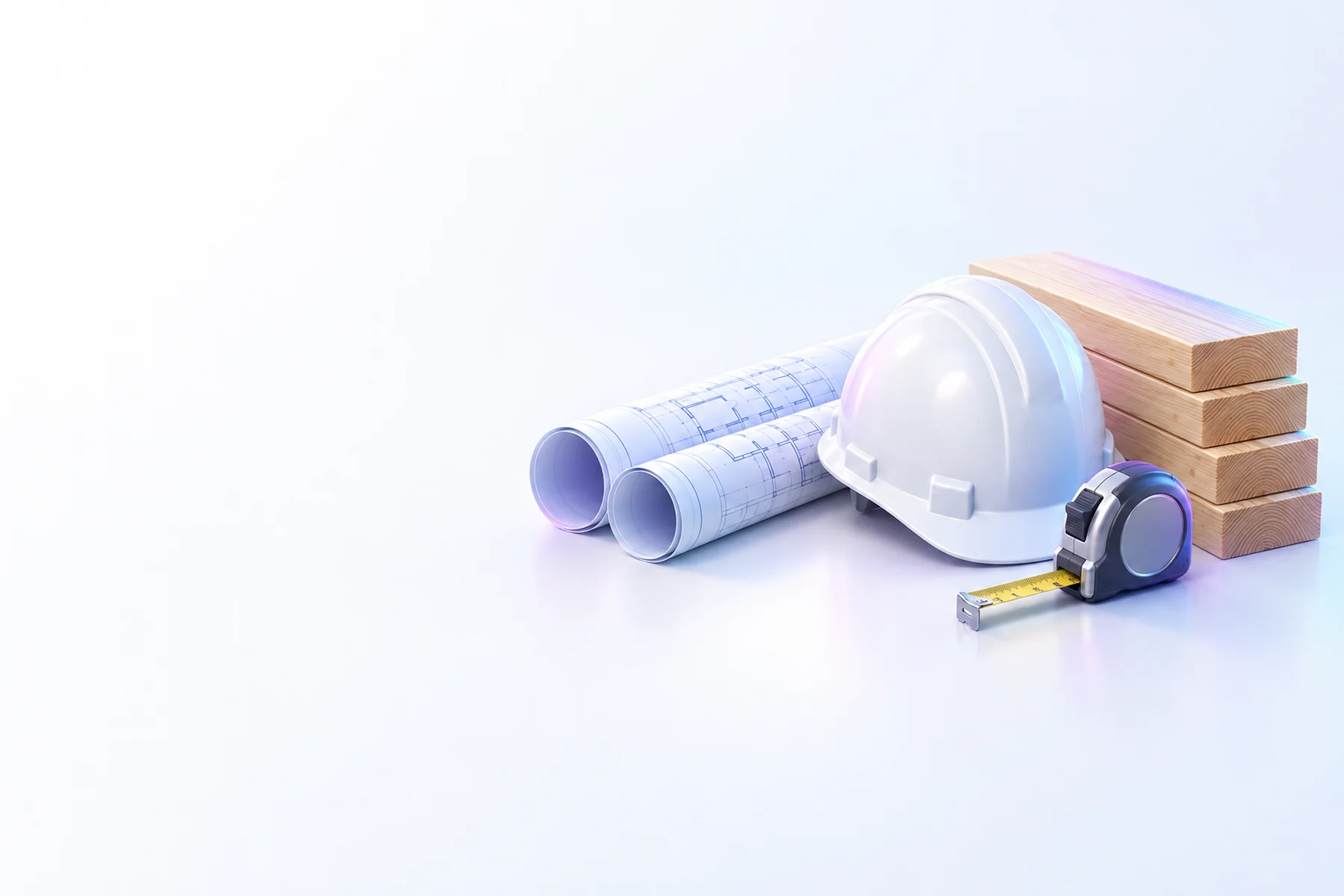 Illustration: a rolled set of blueprints, a white hard hat, a steel tape measure and a short stack of framing lumber.