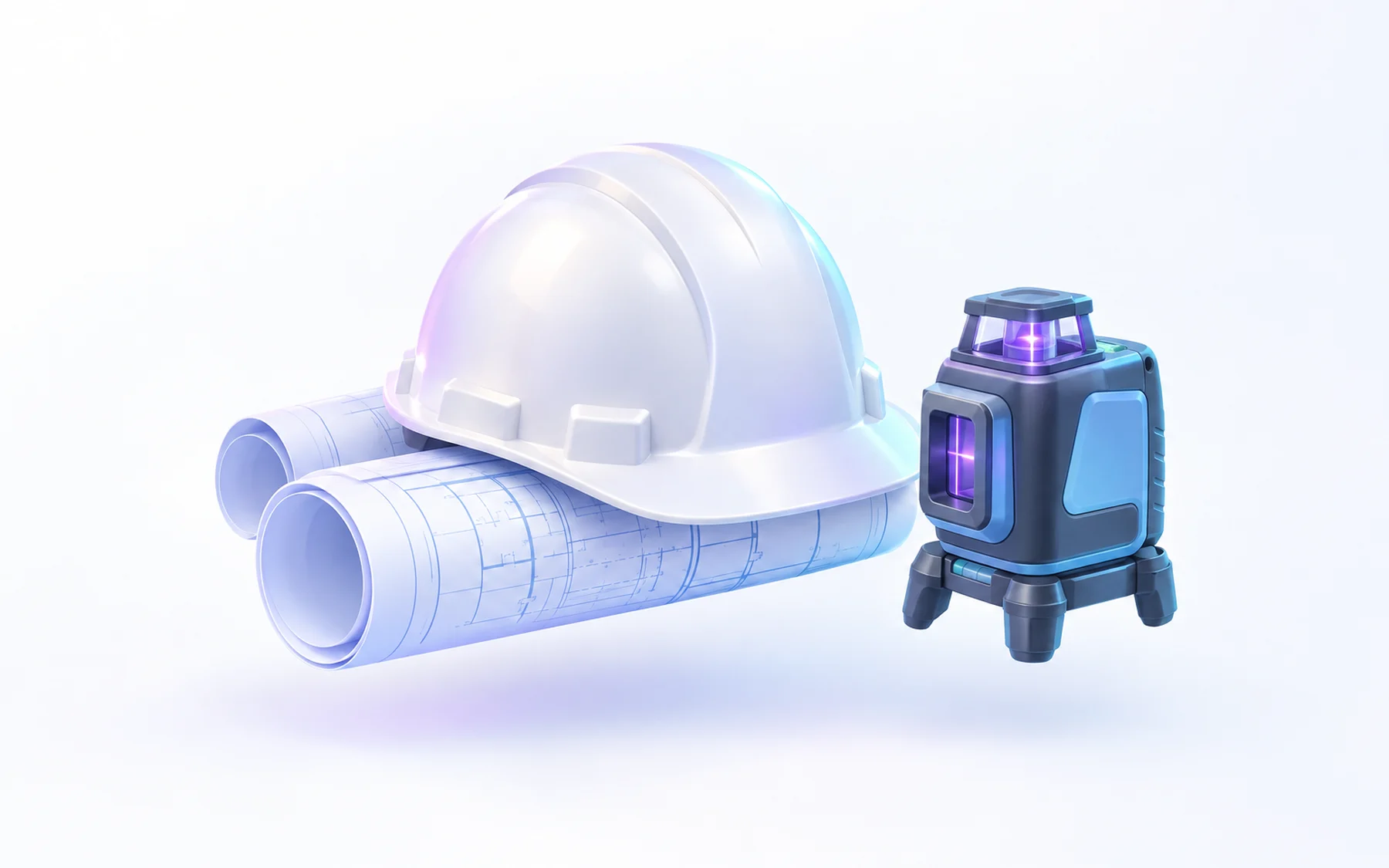 Illustration: a white hard hat resting on a rolled set of blueprints beside a laser level.