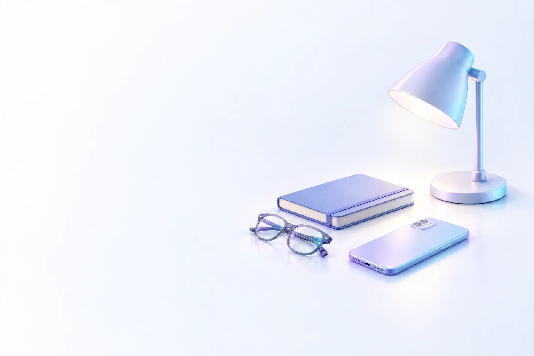 Illustration: a desk lamp, a closed notebook, a pair of reading glasses and a smartphone lying face down.