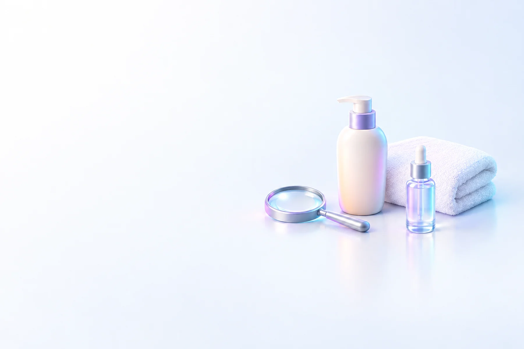 Illustration: a hand magnifier, a pump bottle, a small glass serum vial and a folded white towel.