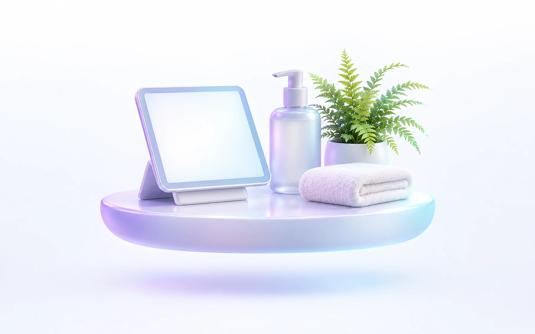 Illustration: a tablet on a stand, a pump bottle, a potted fern and a folded towel on a round tray.