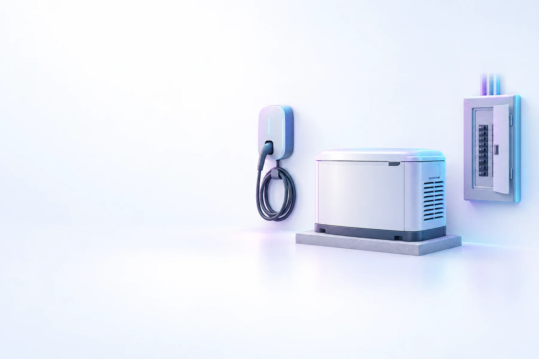 Illustration: a wall-mounted EV charger, a standby generator and a breaker panel.
