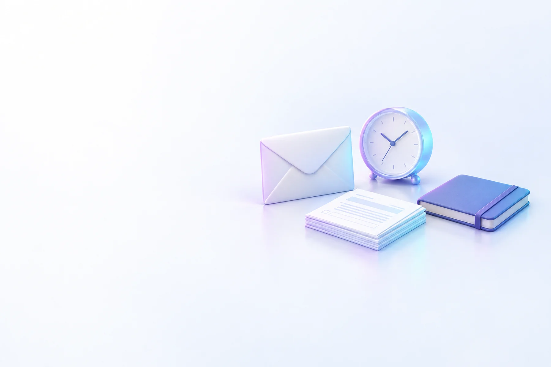 Illustration: a sealed envelope, a desk clock, a small stack of paper forms and a closed notebook.
