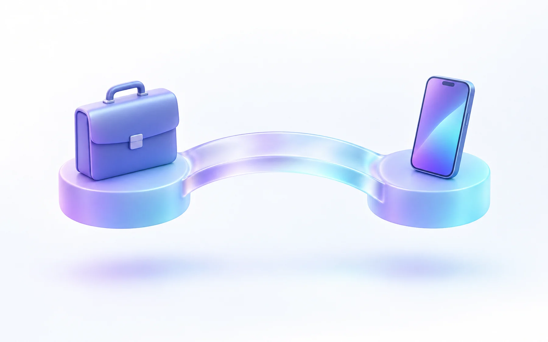 Illustration: a frosted glass bridge linking two rounded platforms, a briefcase on one and a phone on the other.