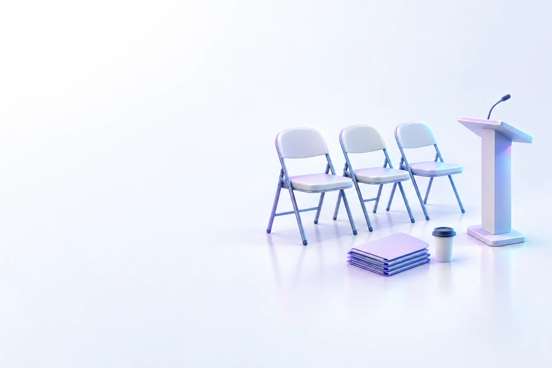 Illustration: a row of three folding chairs, a lectern with a microphone, a stack of handout folders and a coffee cup.