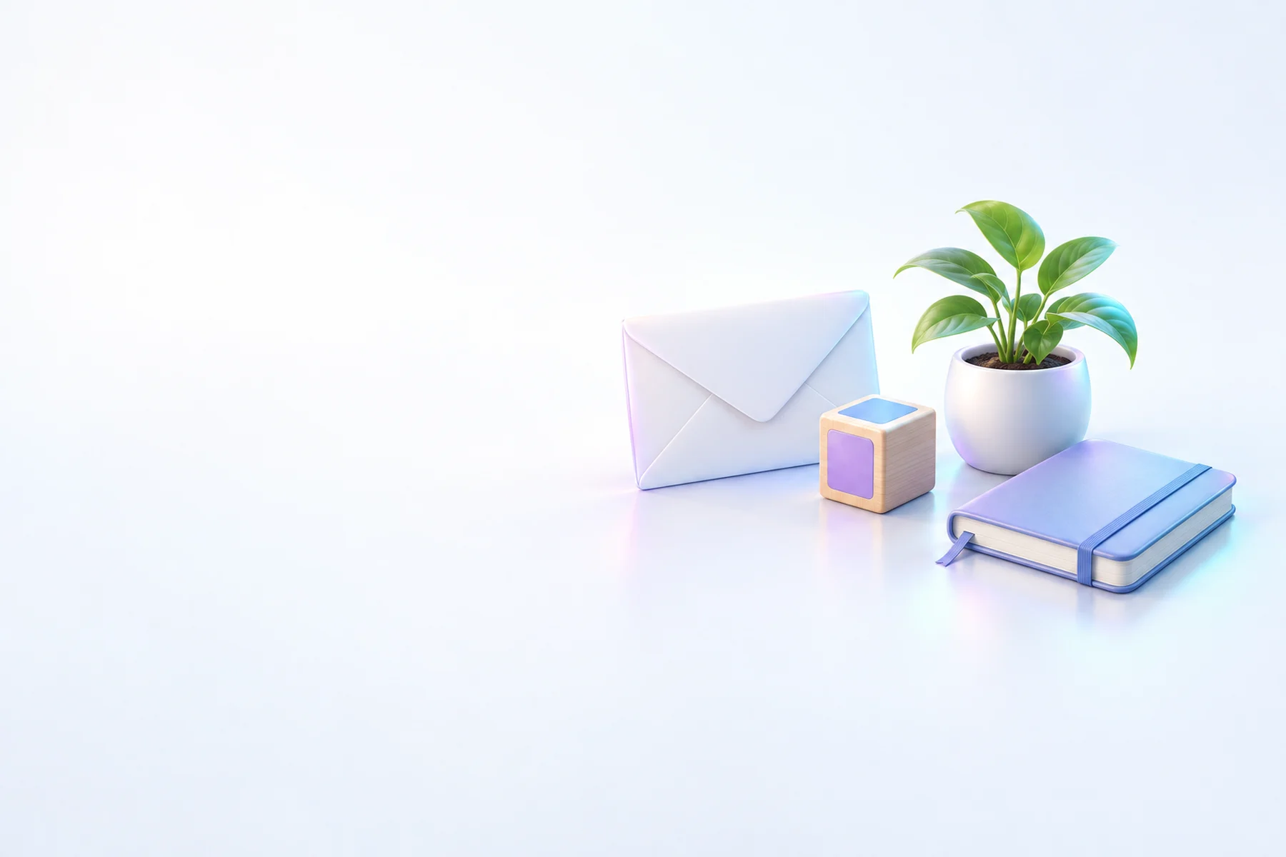 Illustration: a sealed envelope, a wooden toy block, a small potted plant and a closed notebook.