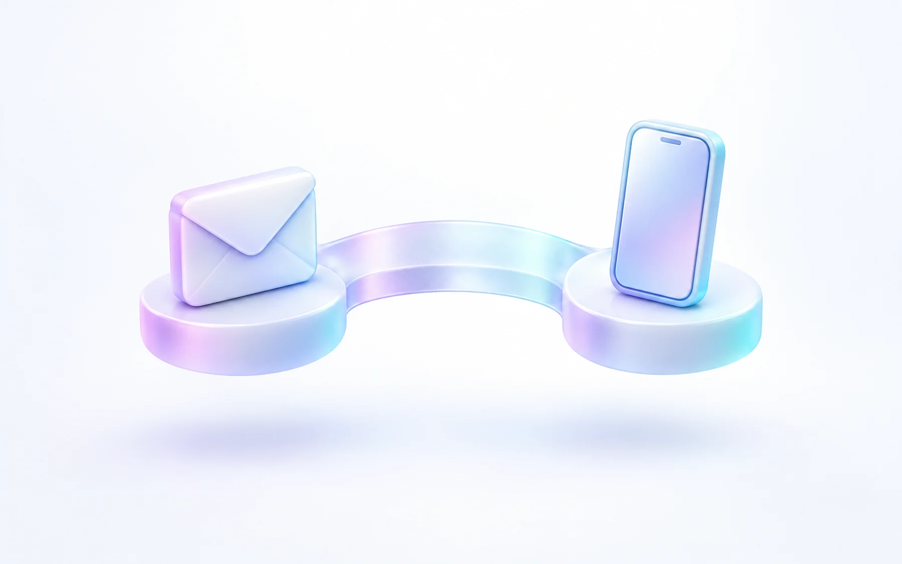 Illustration: a frosted glass bridge linking two rounded platforms, an envelope on one and a phone on the other.