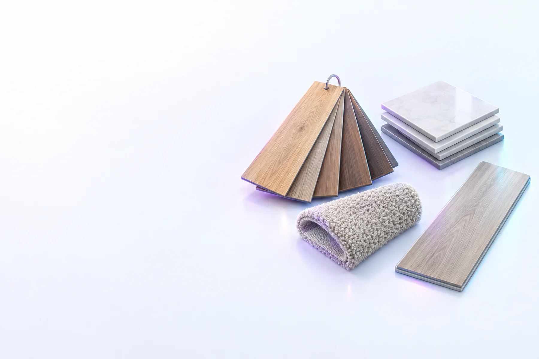 Illustration: a fan of hardwood samples on a ring, a stack of stone tiles, a carpet swatch and a single vinyl plank.
