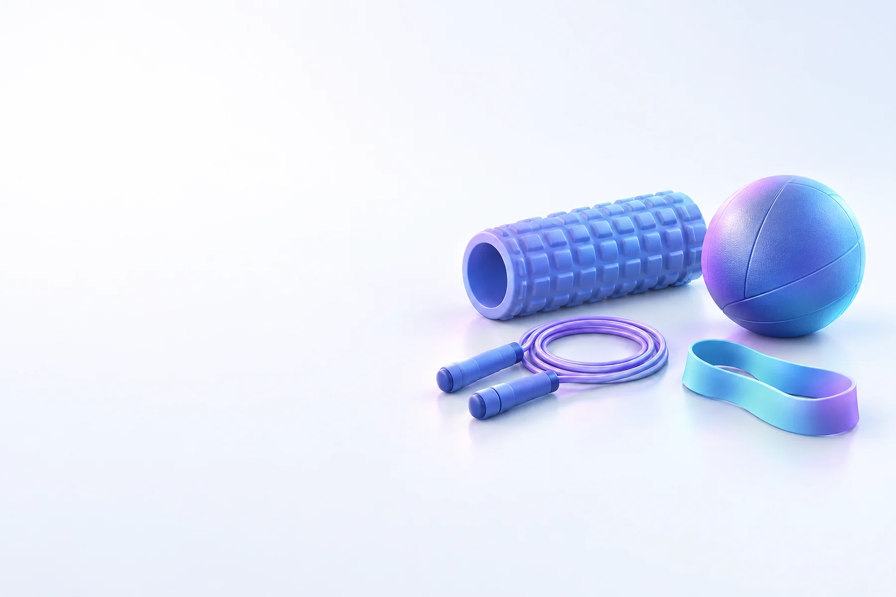 Illustration: a coiled jump rope, a foam roller, a looped resistance band and a medicine ball on a bright floor.