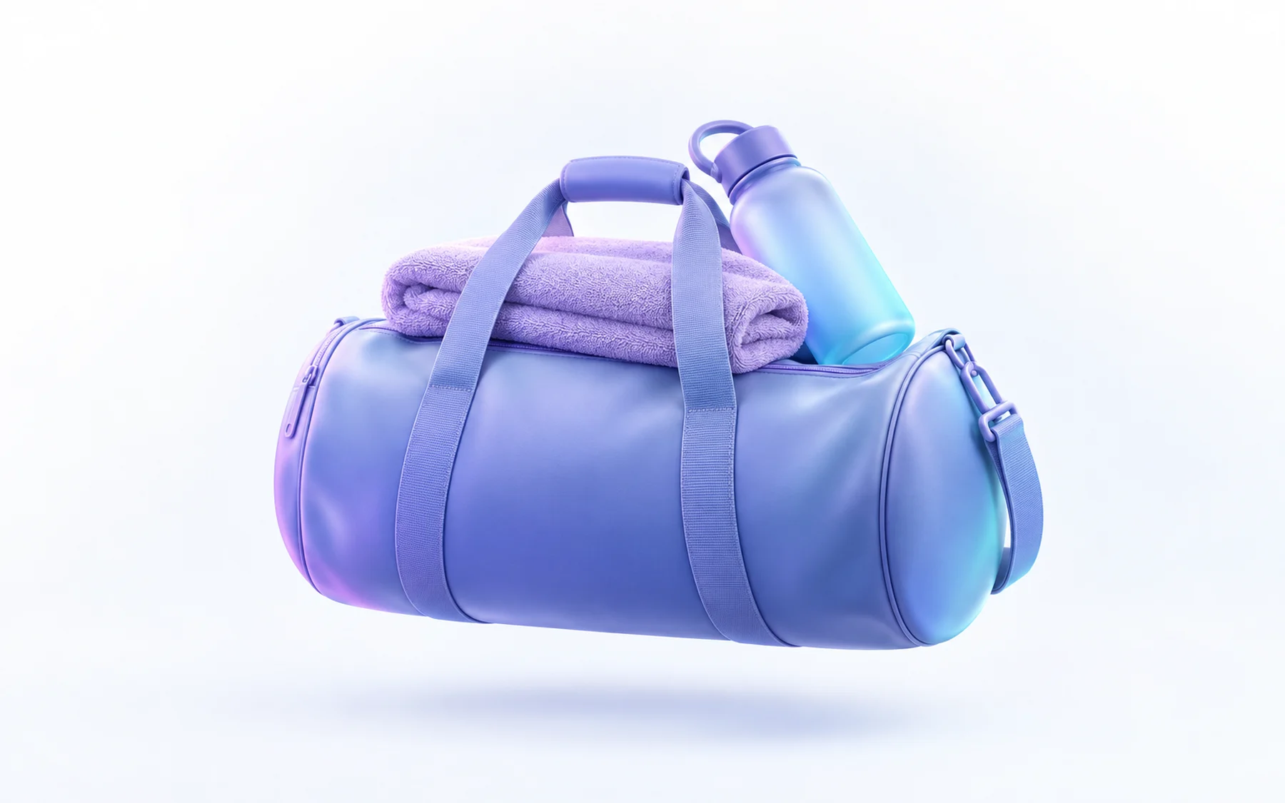 Illustration: a gym duffel bag with a folded towel and a water bottle resting on top.
