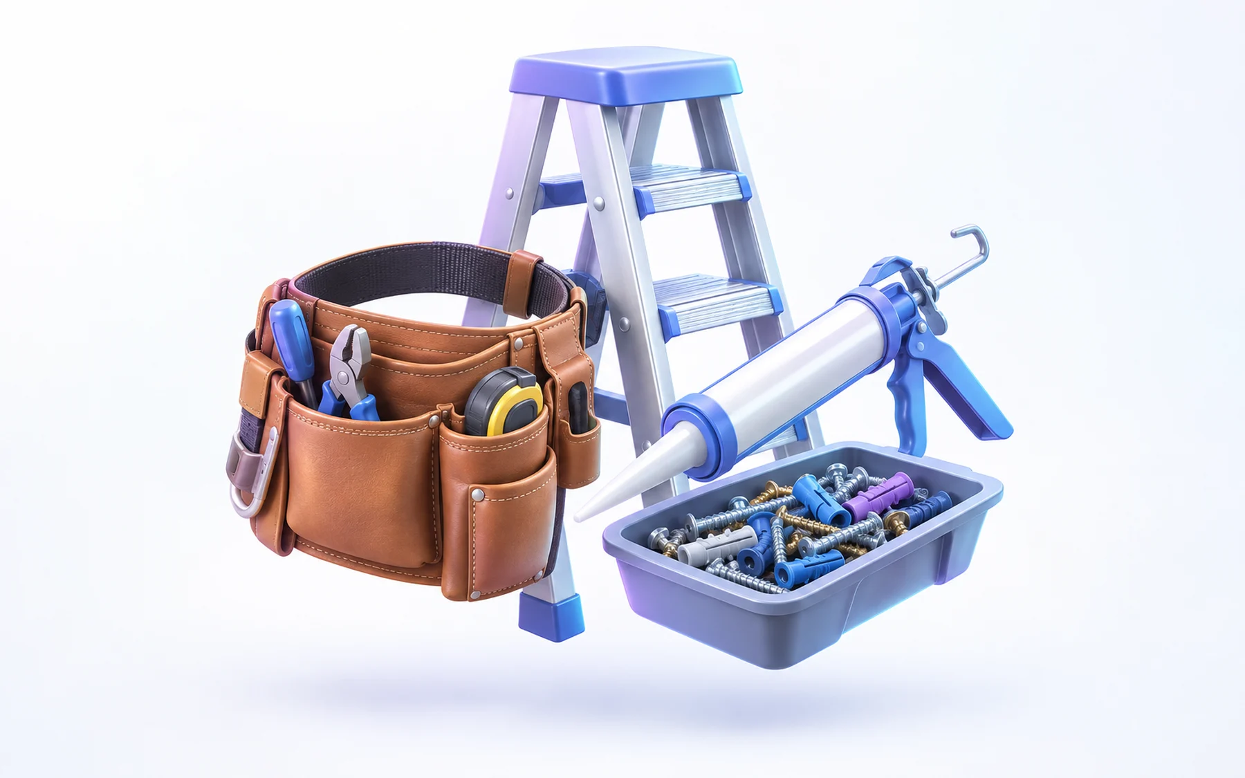 Illustration: a leather tool belt, a small step ladder, a caulk gun and a tray of assorted screws.