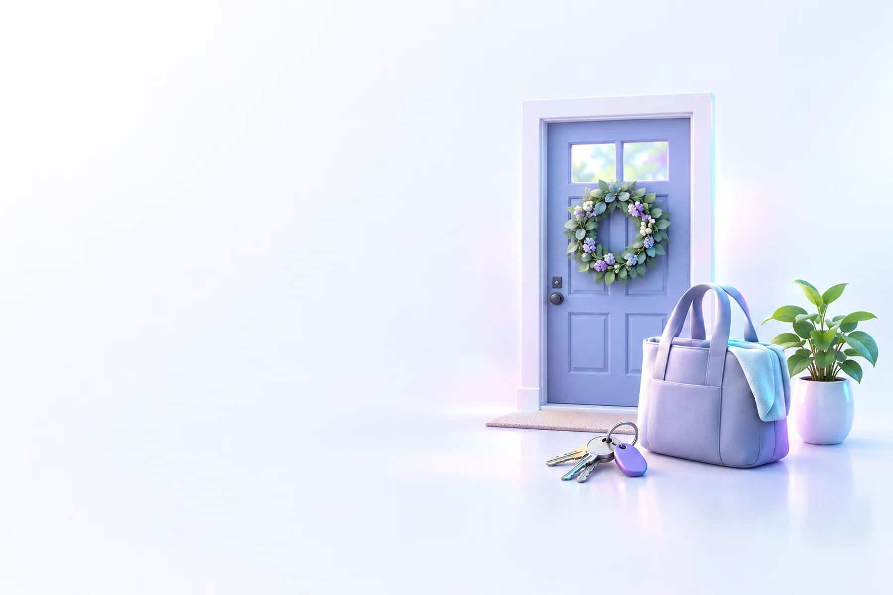 Illustration: a blue front door with a flower wreath, a set of house keys on the step, a soft tote bag and a potted plant.
