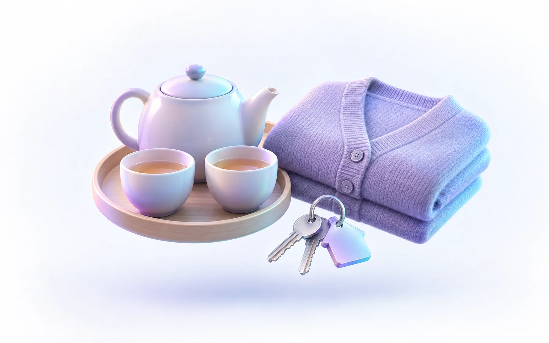 Illustration: a teapot and two cups of tea on a round tray, a folded cardigan and a set of house keys.