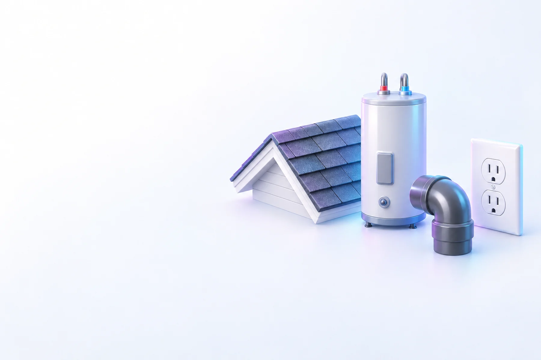 Illustration: a section of shingled roof, a water heater, a sewer pipe elbow and a wall outlet.