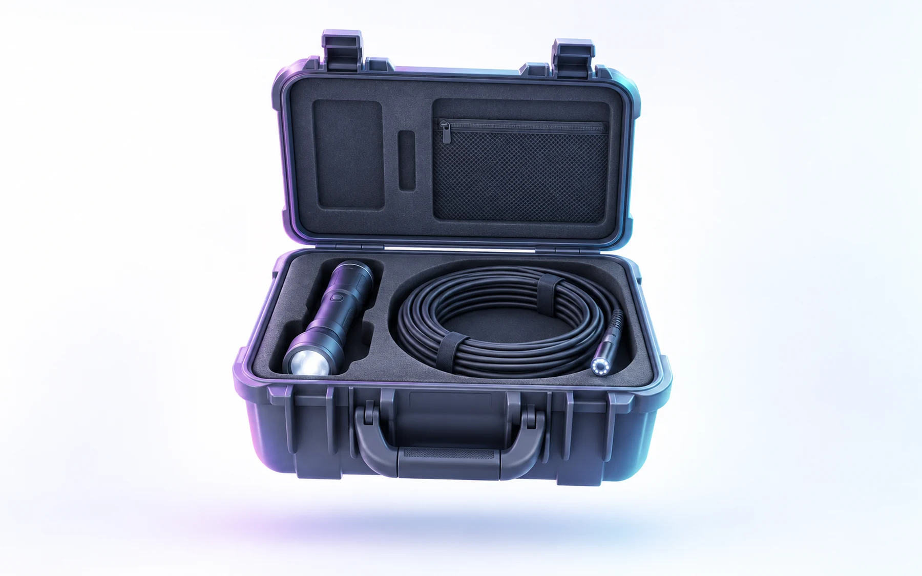 Illustration: an open hard-shell tool case holding a flashlight and a coiled inspection camera cable.