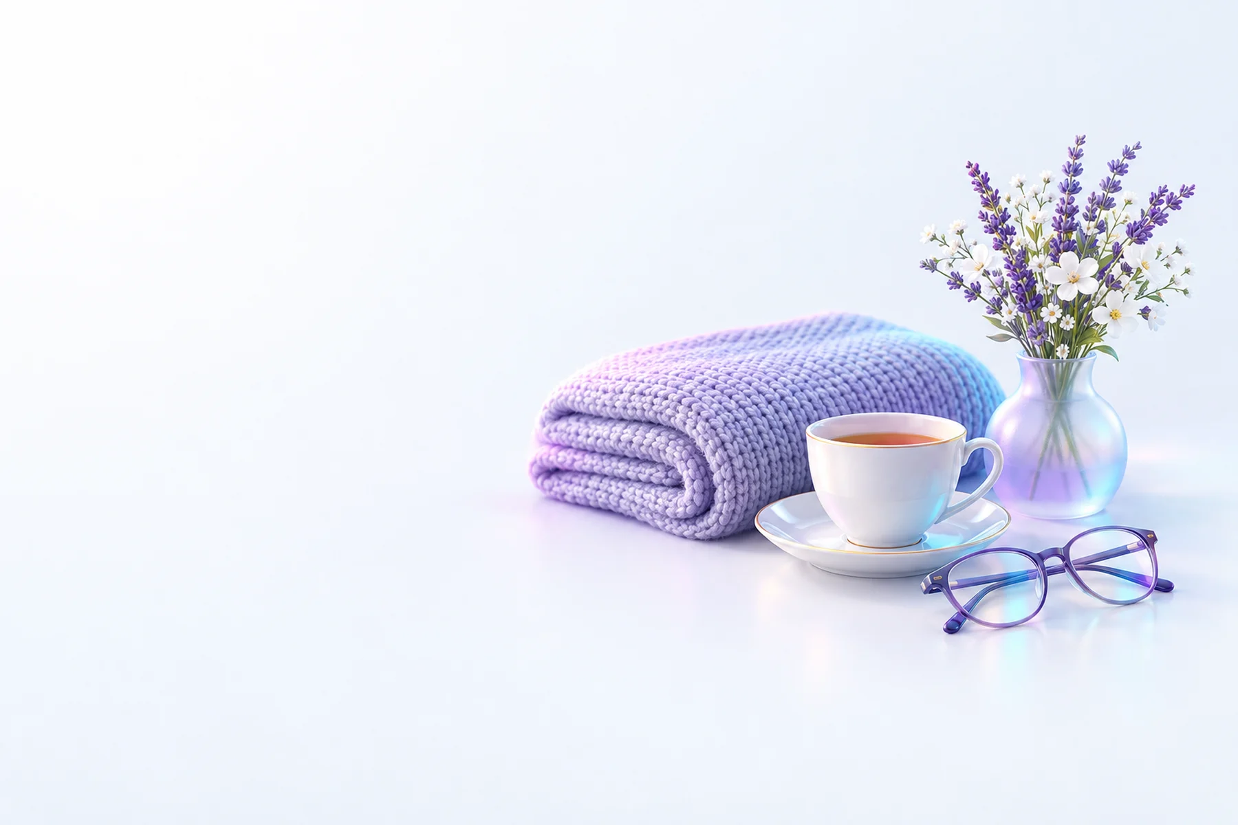 Illustration: a folded knitted blanket, a cup of tea on a saucer, a pair of reading glasses and a vase of lavender and white flowers.