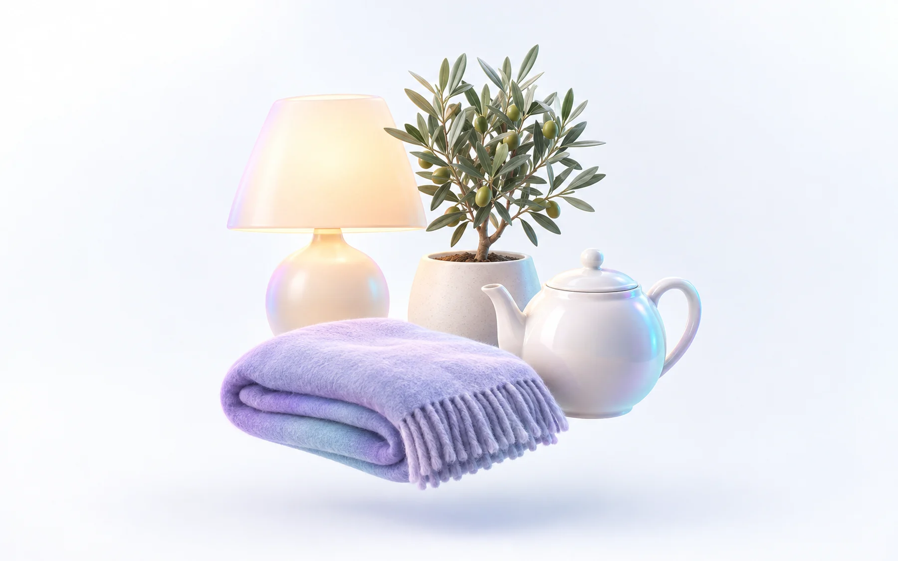 Illustration: a warm table lamp, a small potted olive tree, a white teapot and a folded soft blanket.