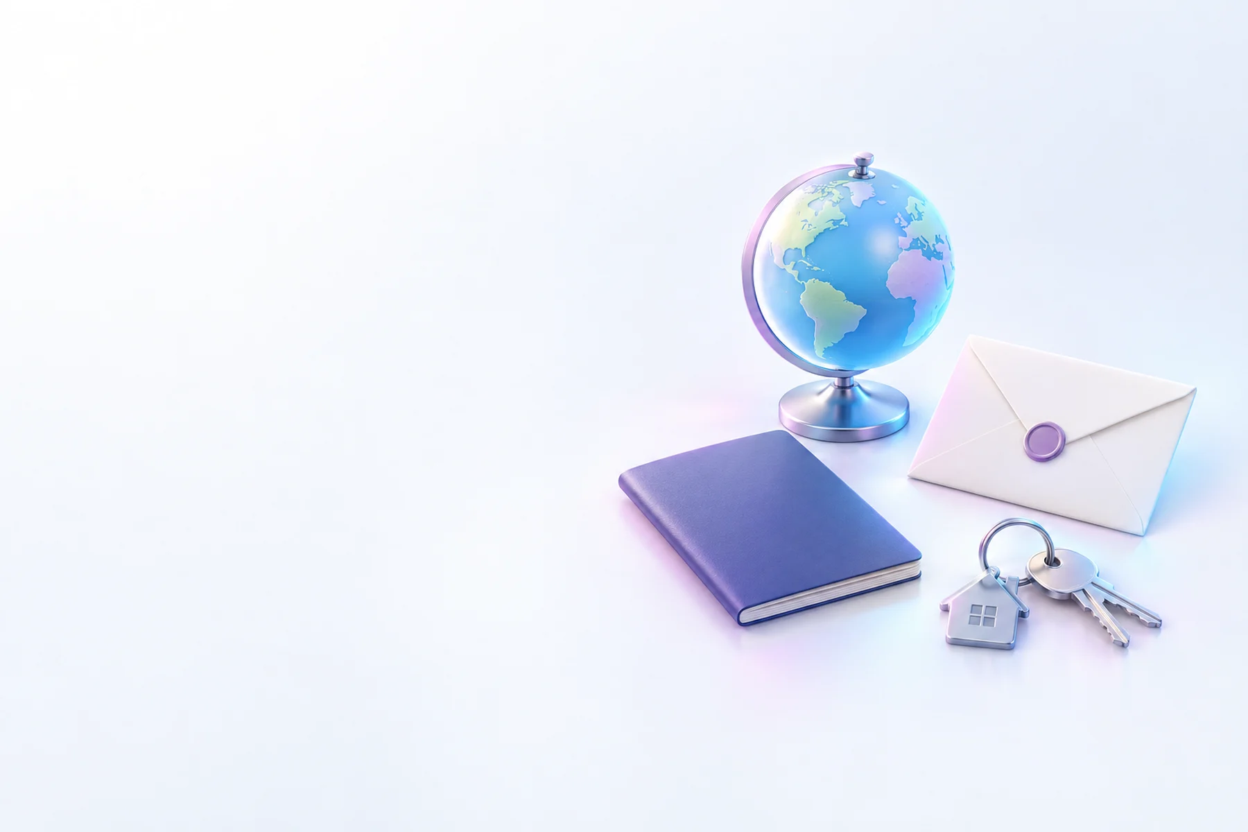 Illustration: a small desk globe, a closed booklet with a blank cover, a sealed envelope and a set of house keys.