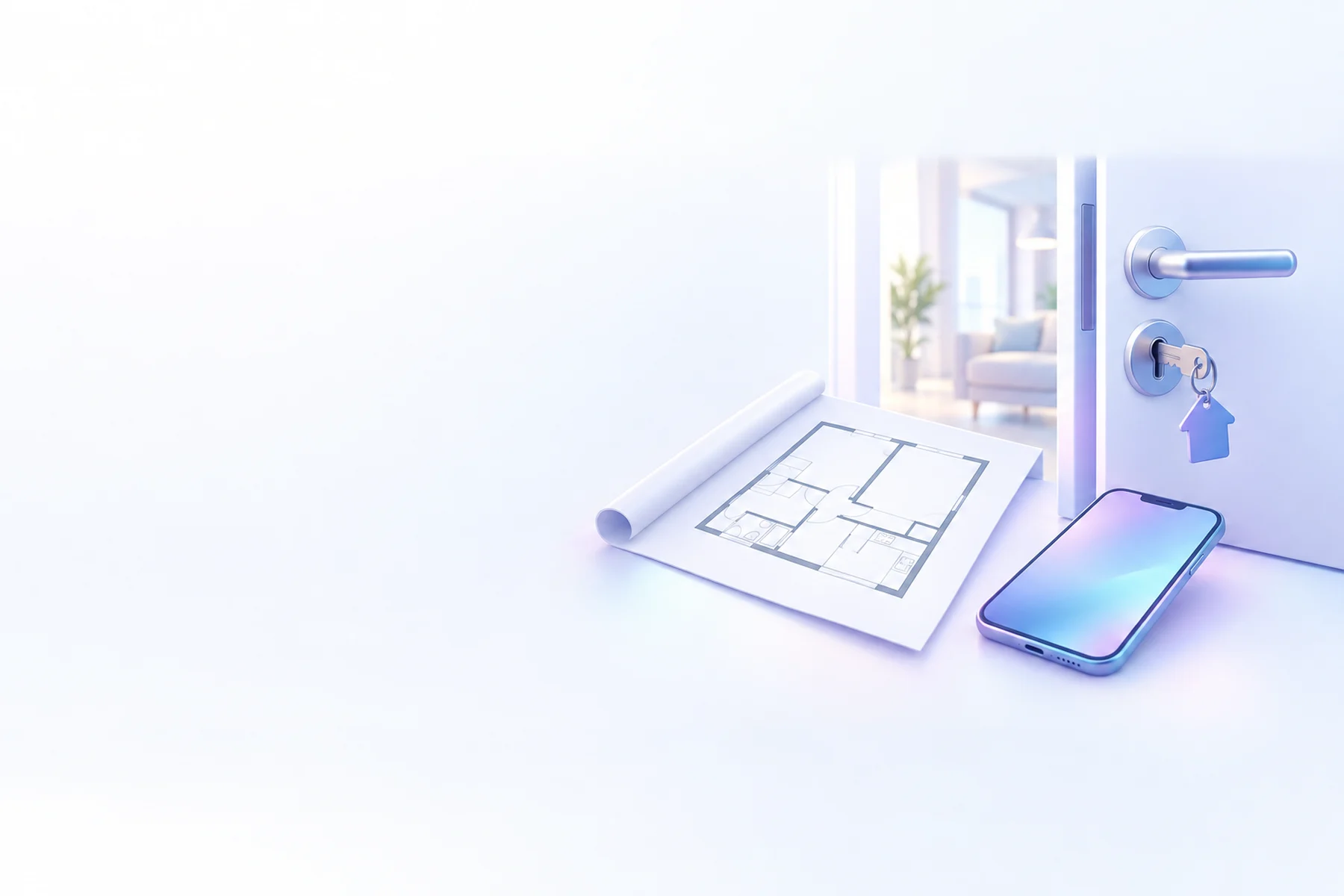 Illustration: an apartment door with a key in the lock, a floor plan sheet and a phone.