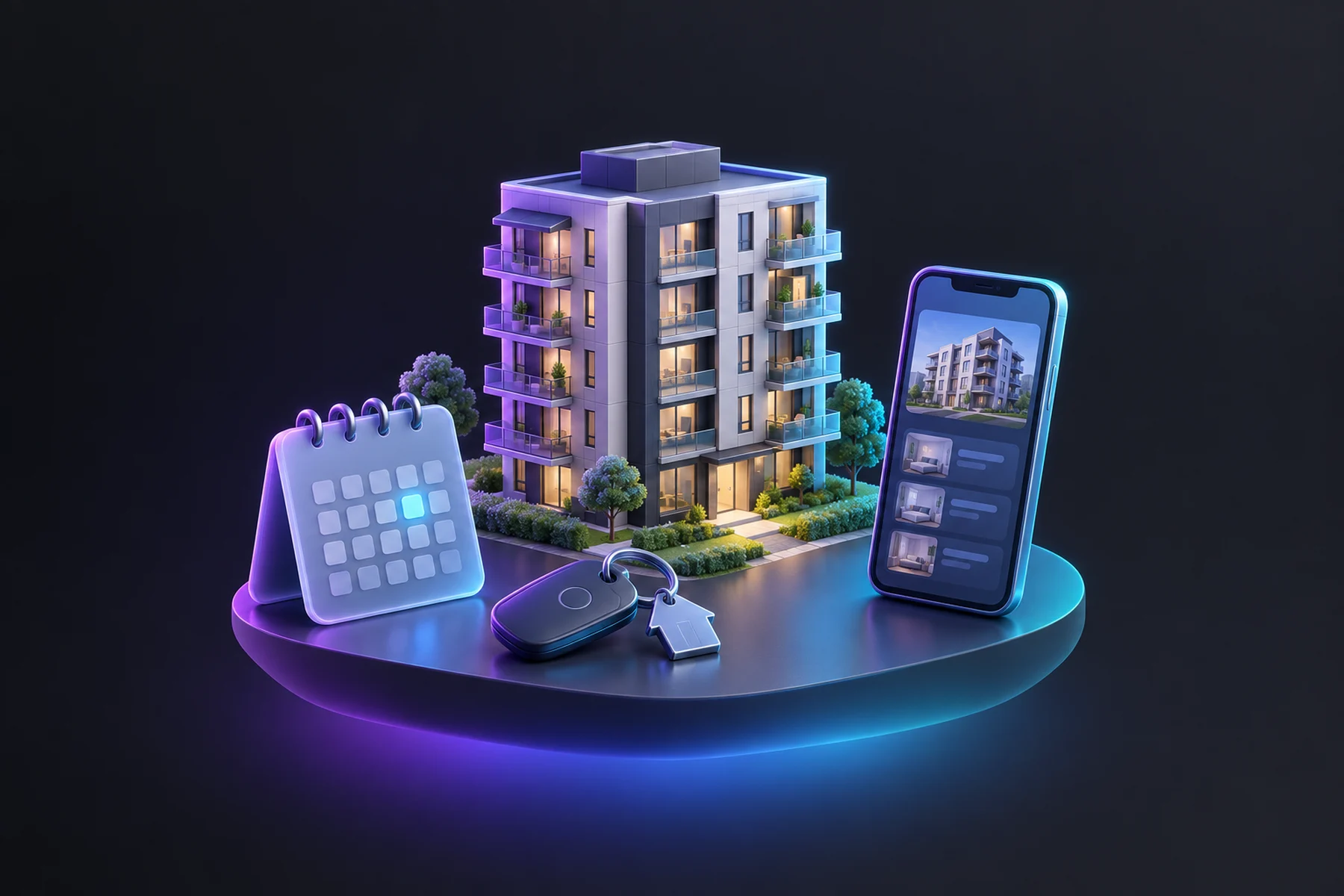 Illustration: a mid-rise apartment building model with balconies, a key fob, a tour calendar card and a phone.