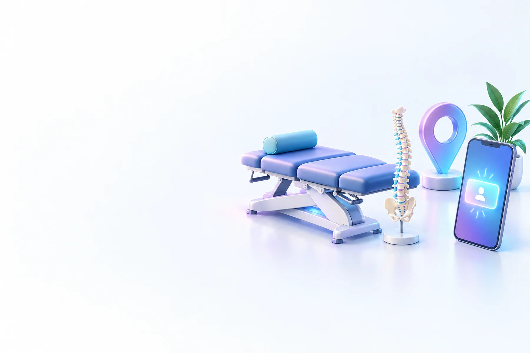 Illustration: A treatment table with a rolled bolster, a small spine model, a map pin marking the clinic location, and a phone showing a glowing new-patient notification.