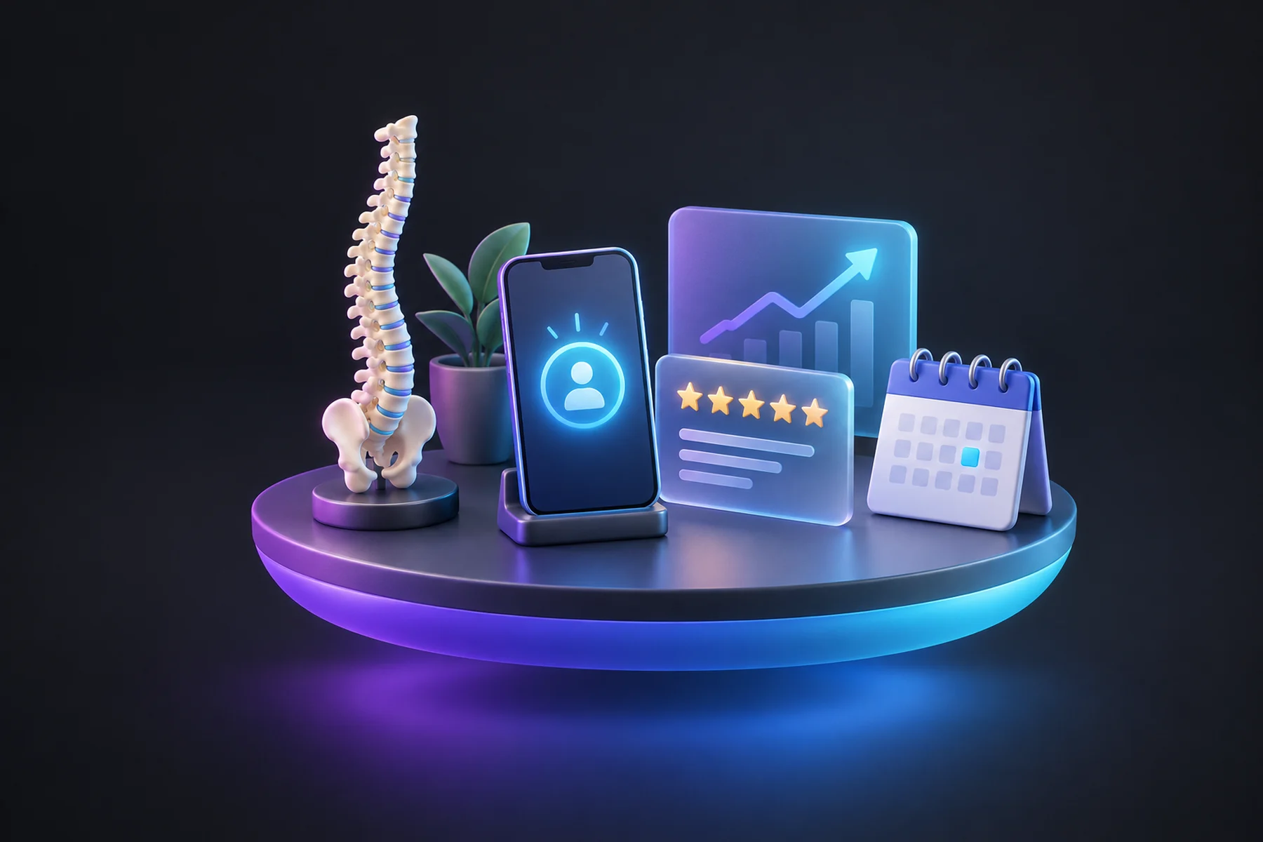 Illustration: A spine model beside a phone showing a glowing new-patient badge, a star-rated review card, a chart card with an upward line, and a small calendar page.