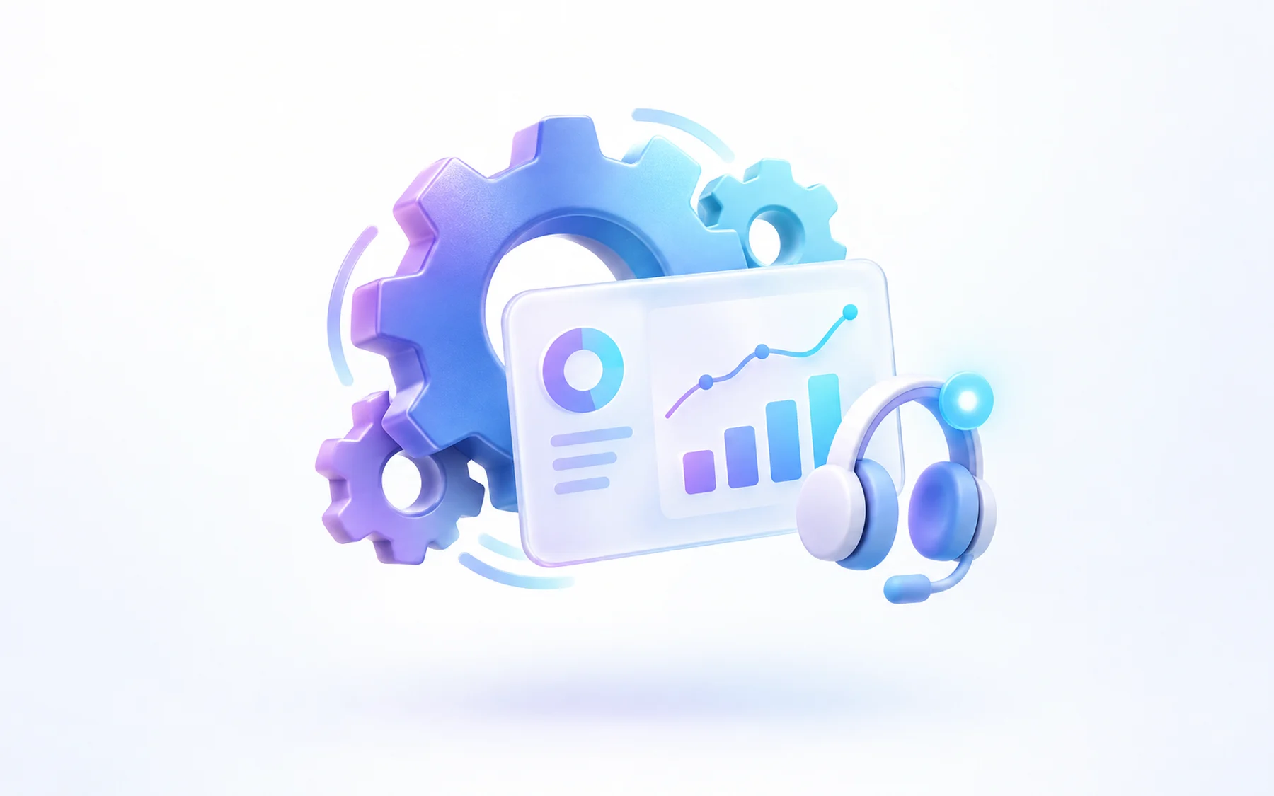 Illustration: A gear cluster turning behind a floating chart card, with a small headset-shaped speaker icon-free device and a glowing notification badge attached.
