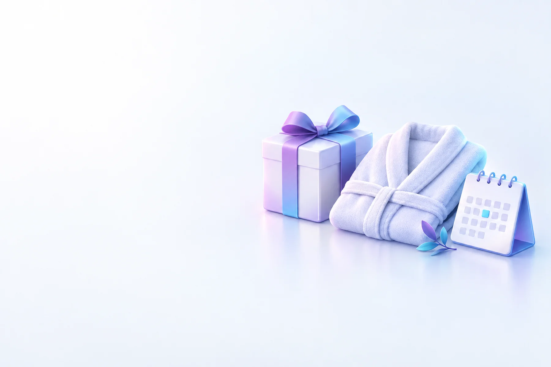 Illustration: a wrapped gift box, a folded robe and a booking calendar card.