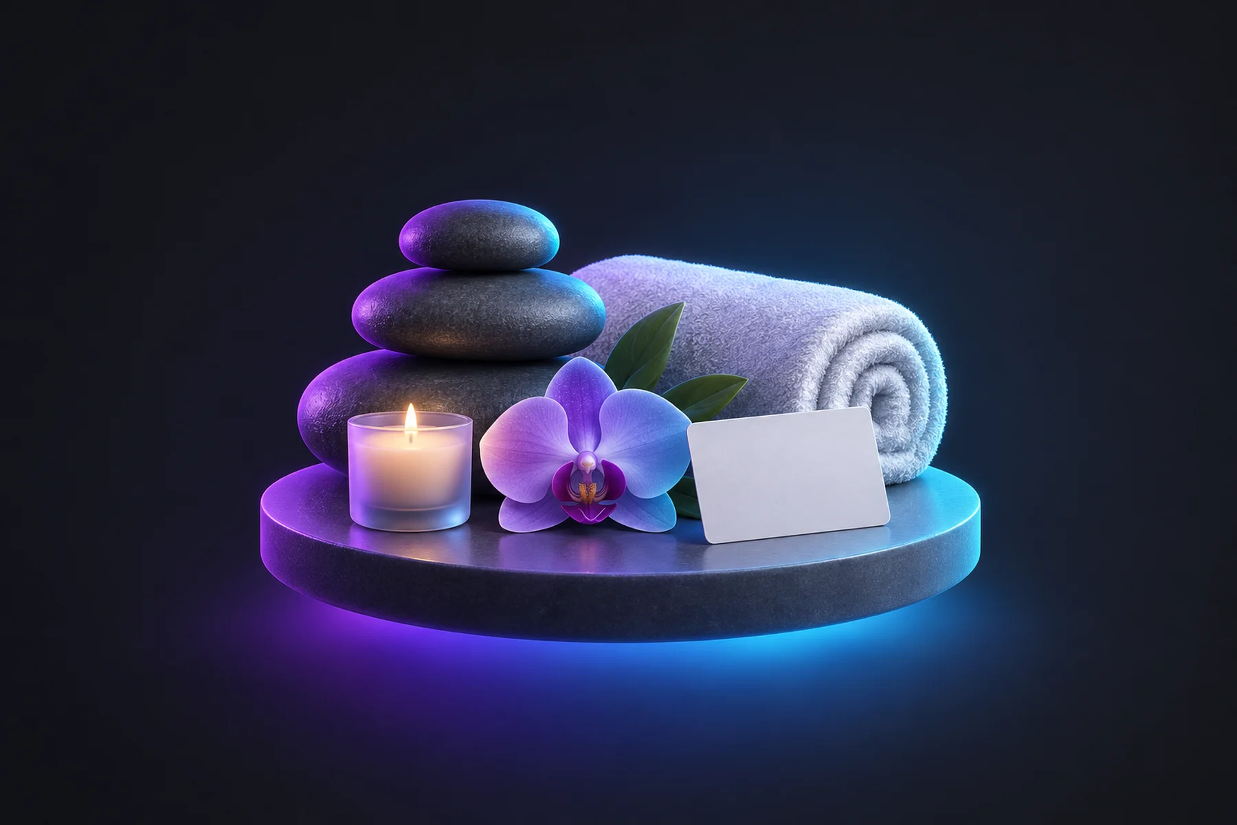 Illustration: stacked smooth spa stones, a rolled towel, a small candle, an orchid and a blank gift card.