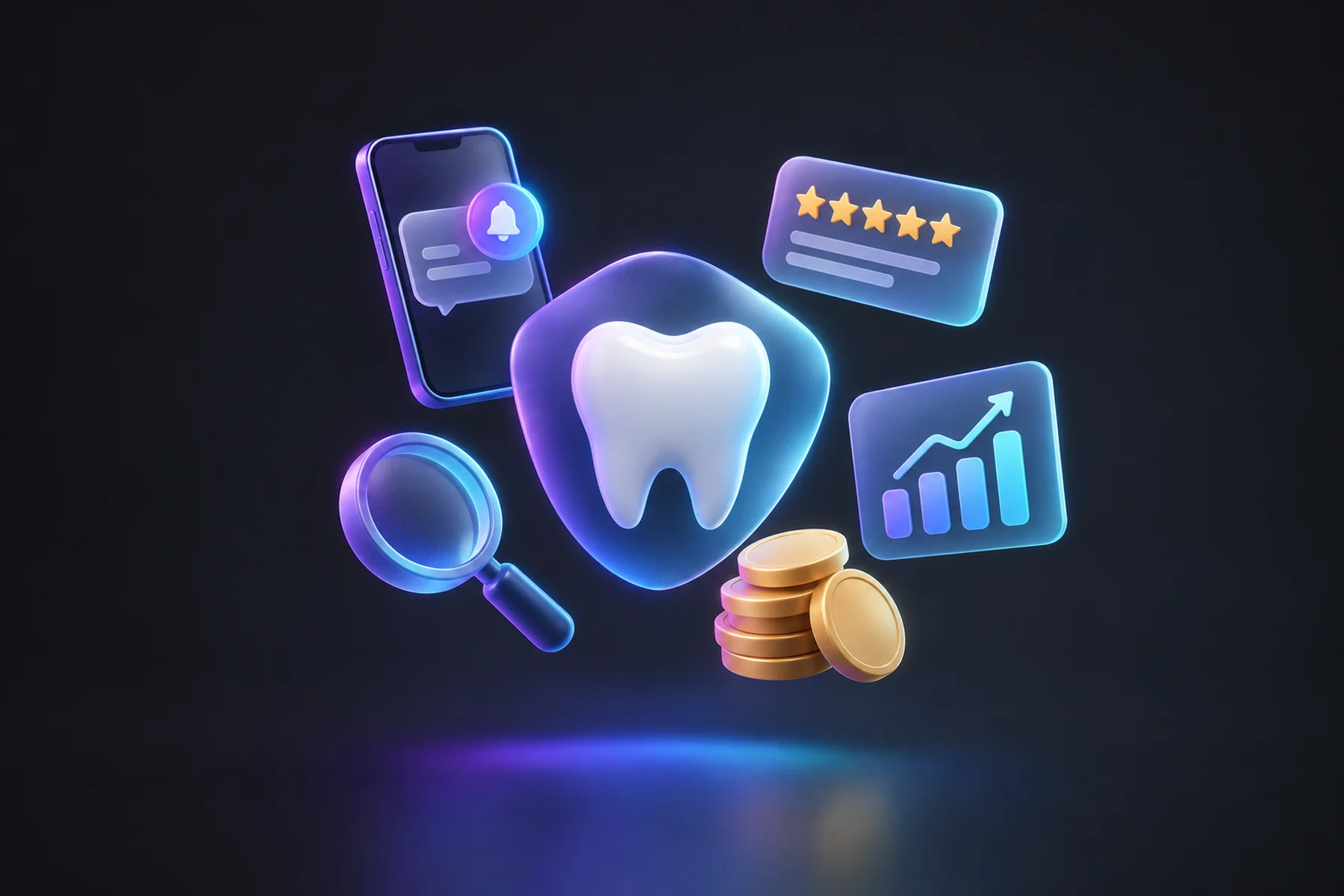 Illustration: A floating phone with a glowing request badge, a star review card, a small search magnifying glass, an ad coin stack, and a chart card, arranged around a tooth-shaped emblem.
