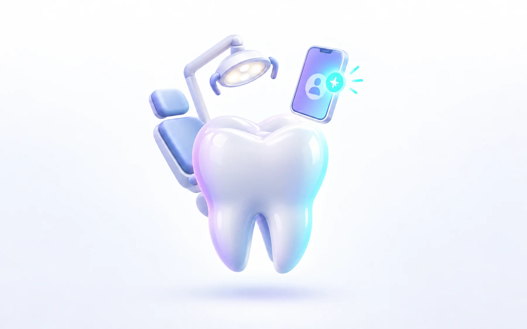 Illustration: A molar-shaped tooth model with a glossy crown, a small dental chair light, and a phone above it showing a glowing new-patient notification badge.