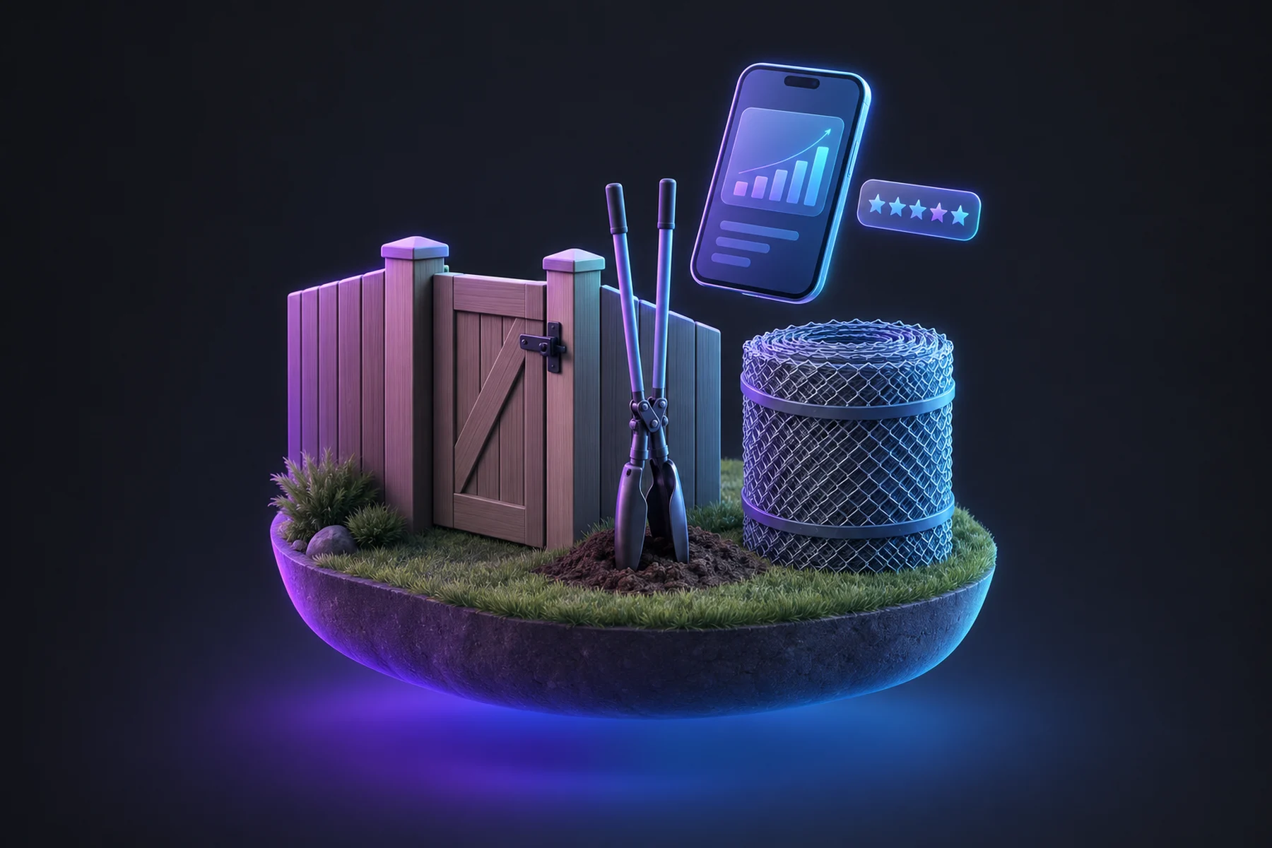 Illustration: A section of privacy fence with a gate latch beside a post-hole digger and a spool of chain-link, with a phone above them showing a glowing chart card and a small star-rating badge.