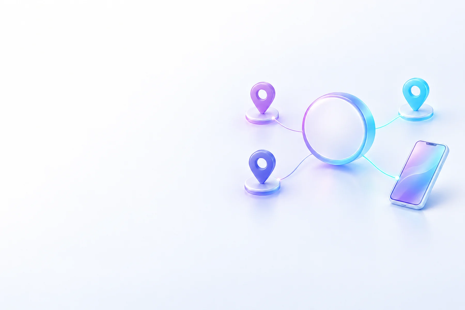 Illustration: a large blank brand badge linked by thin glowing lines to three small location pins and a phone.