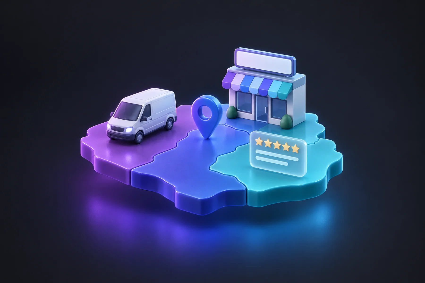 Illustration: a glossy map tile split into neighboring territories with a small service van, a storefront with a blank sign, a location pin and a five star review card.