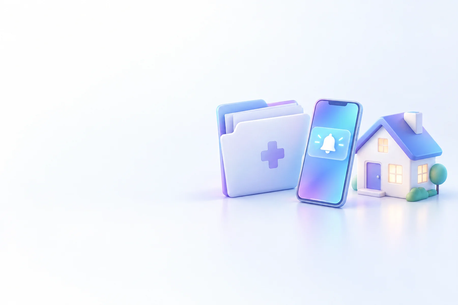 Illustration: a hospital discharge folder, a phone with a glowing notification and a small house model.