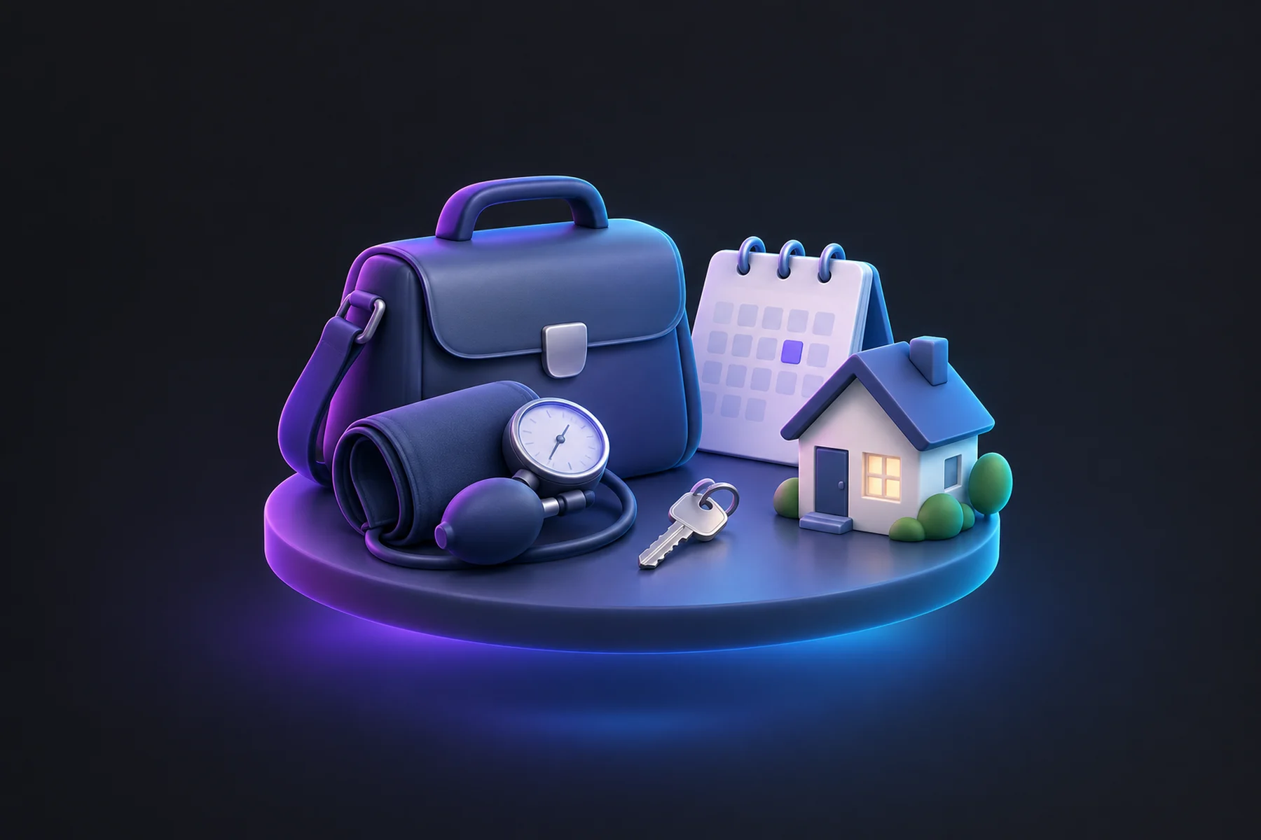 Illustration: a nurse's visit bag, a blood pressure cuff, a house key, a calendar card and a small house model.