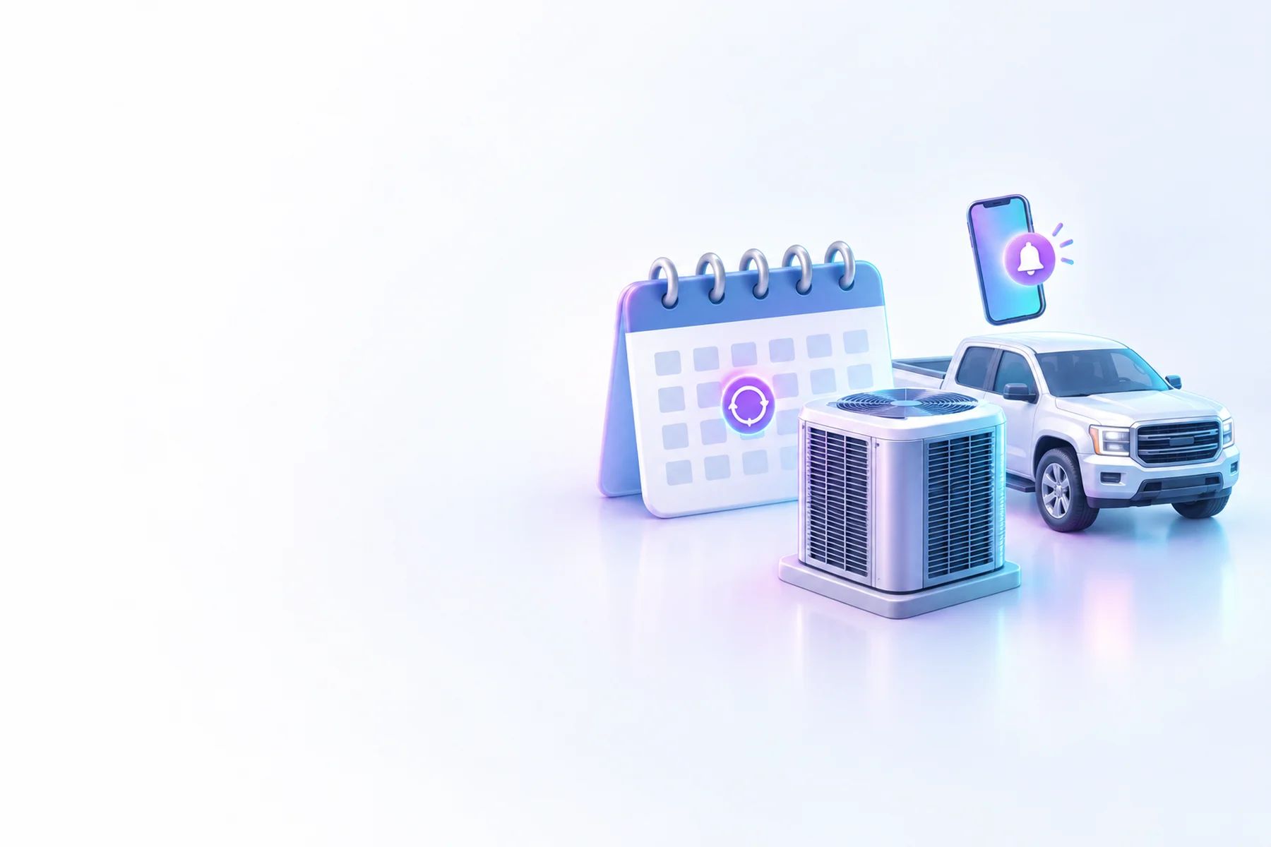 Illustration: A wall calendar with a recurring appointment ring, a glossy HVAC condenser unit, a pickup truck, and a small phone showing a glowing notification badge above them.