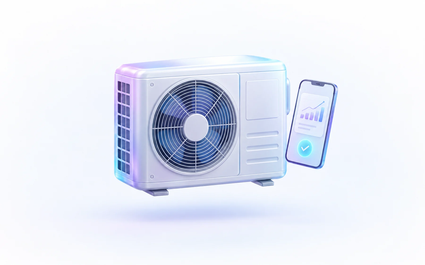 Illustration: A glossy outdoor condenser unit with a small phone floating beside it, its screen showing a subtle chart card and a soft glowing approval checkmark badge.