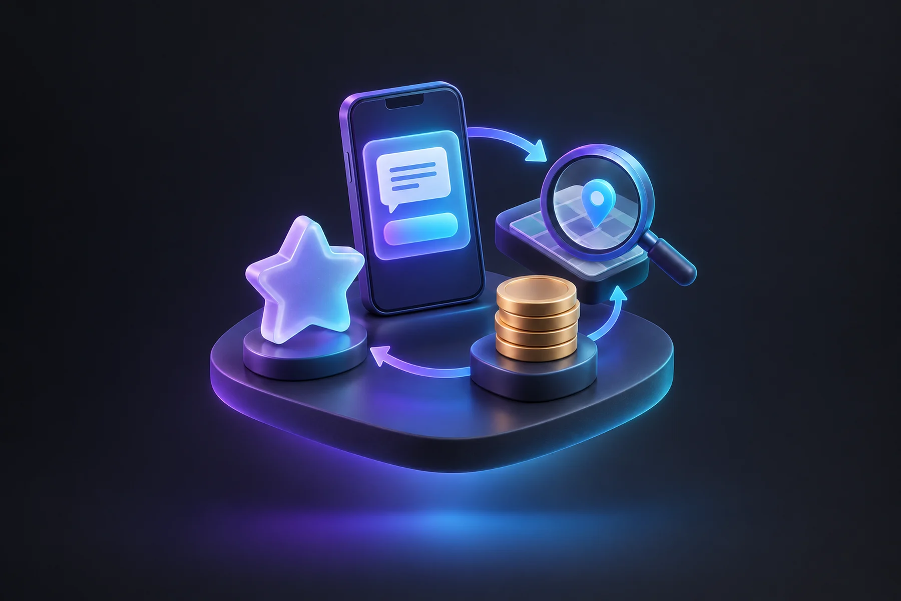 Illustration: A phone showing a glowing consultation-request card, a star-shaped review token, a magnifying glass over a small map pin, and a coin stack linking the ad spend to the result.