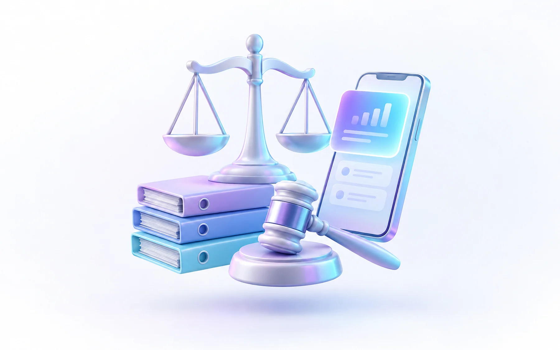 Illustration: A glossy scale-of-justice figure beside a stack of case folders and a gavel, with a phone tilted upward showing a single glowing dashboard card above them.