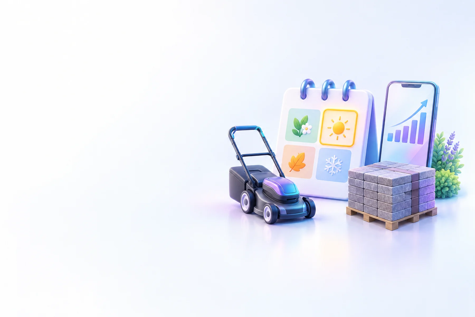 Illustration: A glossy calendar card marked with a highlighted season block, a small mower, a paver stone stack, and a phone showing a rising chart above them.